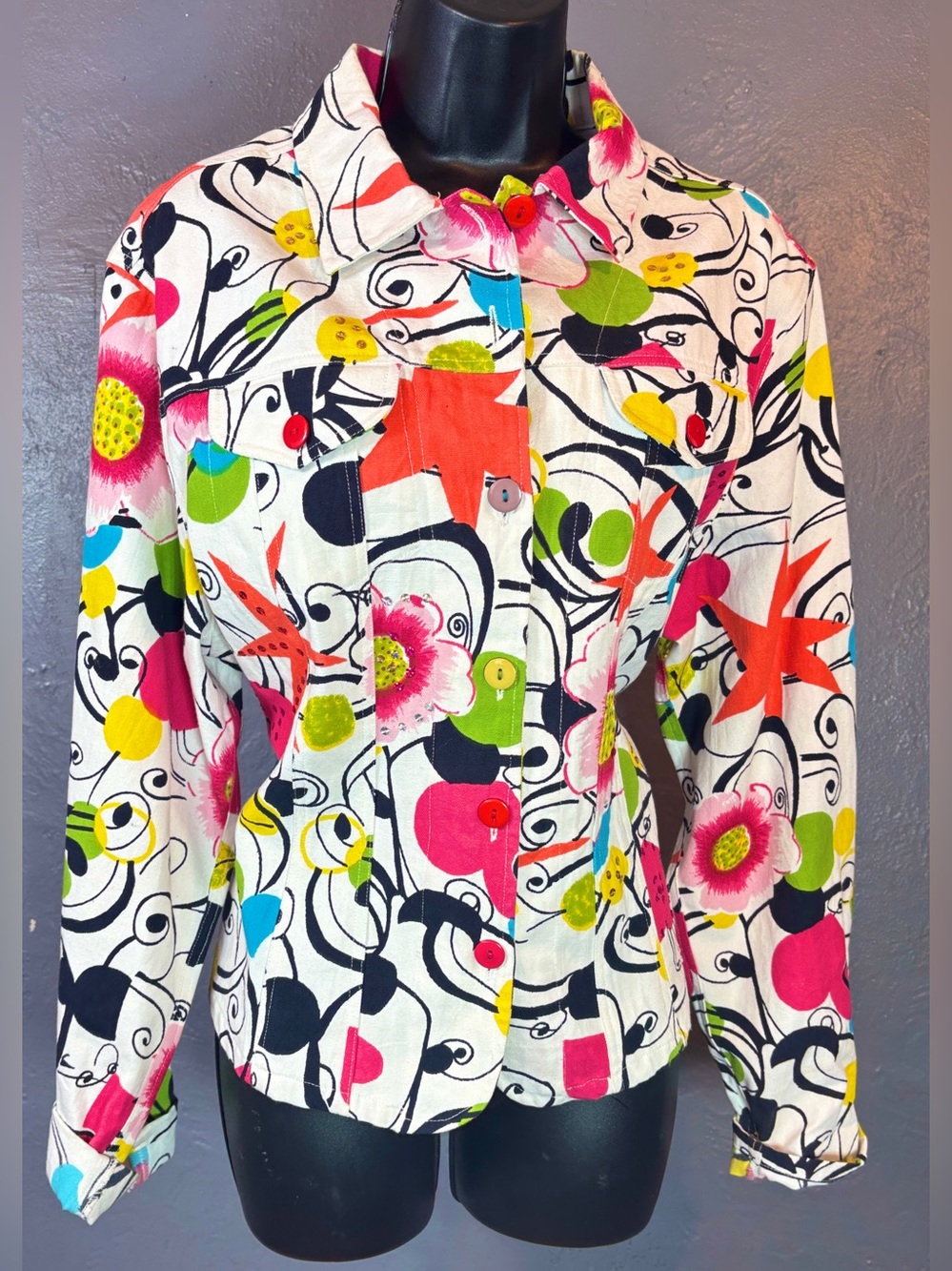 Vintage Gaudy Couture Sequin Pop Art Print
Button Up Jacket Size XL